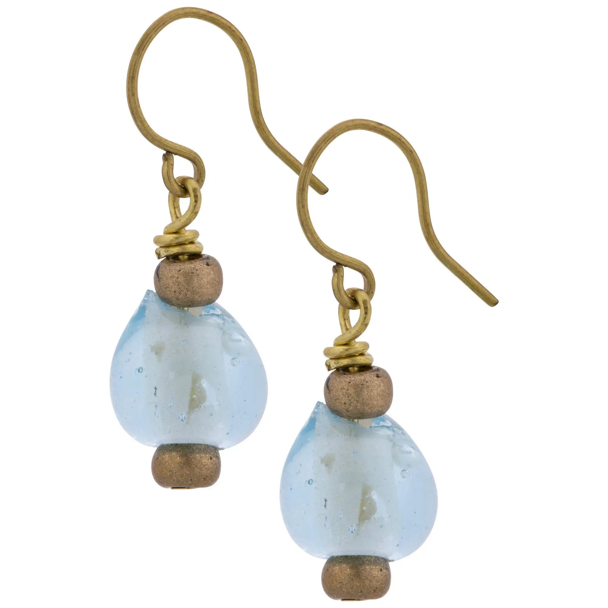 Delicate gold-toned hook glass droplet earrings with translucent light blue beads and matte bronze spheres