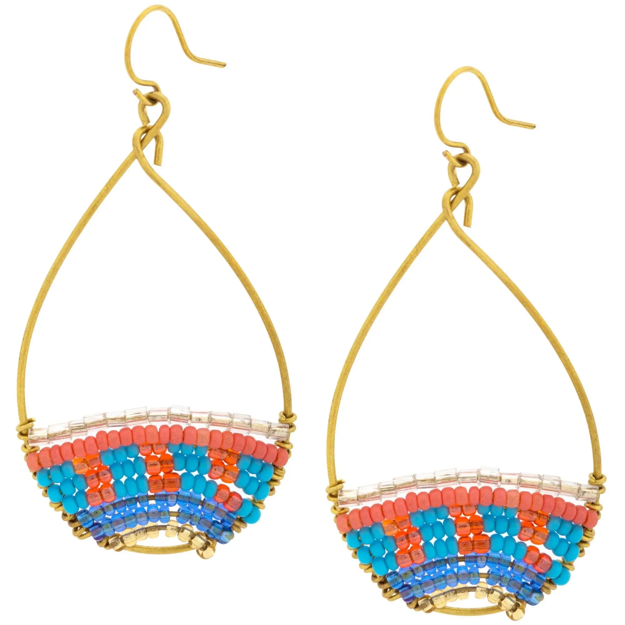 Good karma beaded hoops gold-toned teardrop earrings with coral turquoise blue and orange beaded fringe
