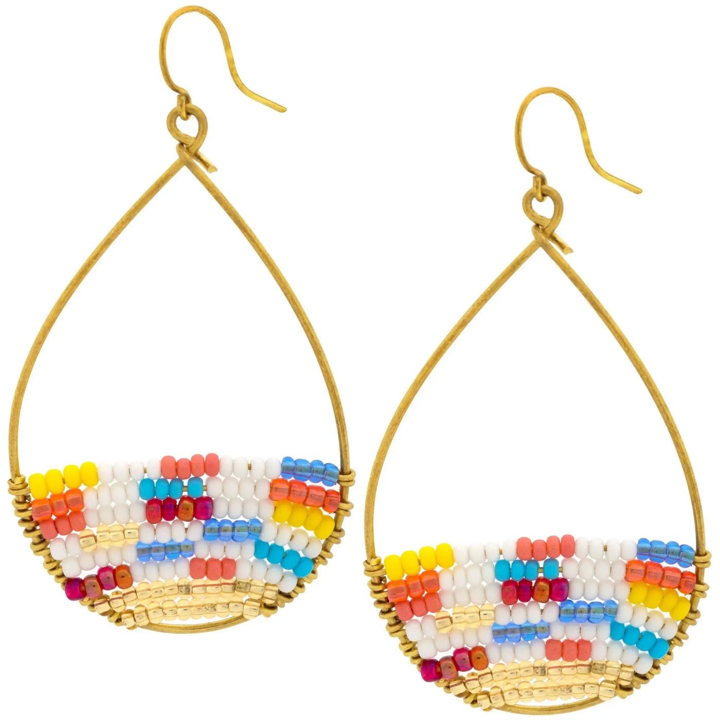 Gold-toned good karma beaded hoops with colorful white yellow blue orange and pink teardrop beaded patterns