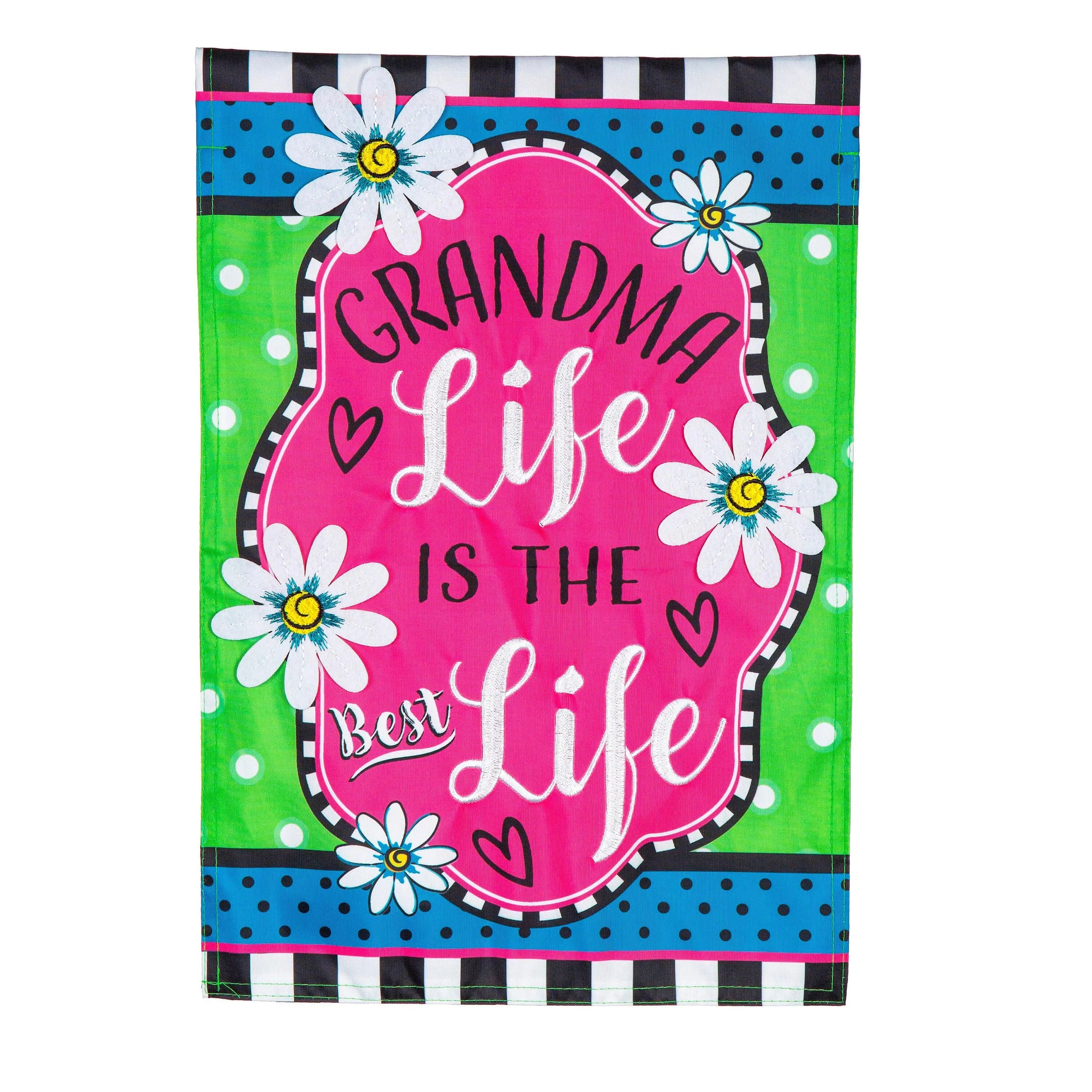 Grandma life applique house flag with bright pink and green colors white daisies black hearts and playful script design