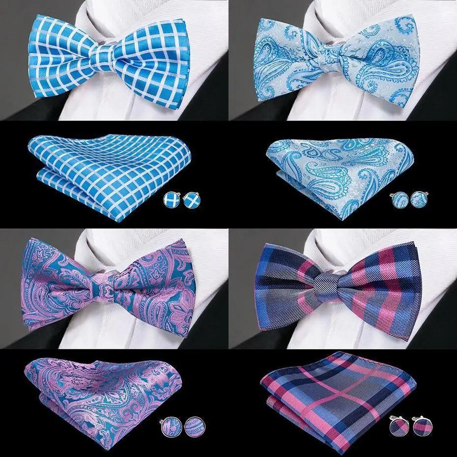 Green Color Silk Butterfly Pre-Tied Bow Tie Pocket Square Cufflinks Suit Set For Men Silk Adjustable Self Bowtie Formal Bowtie Set