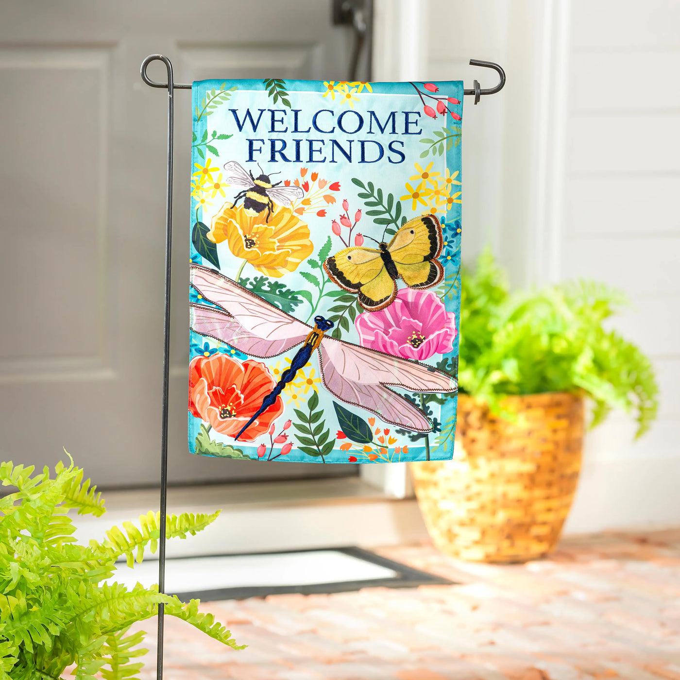 Colorful greenhouse garden welcome friends applique garden flag with butterflies bees dragonflies and blooming flowers