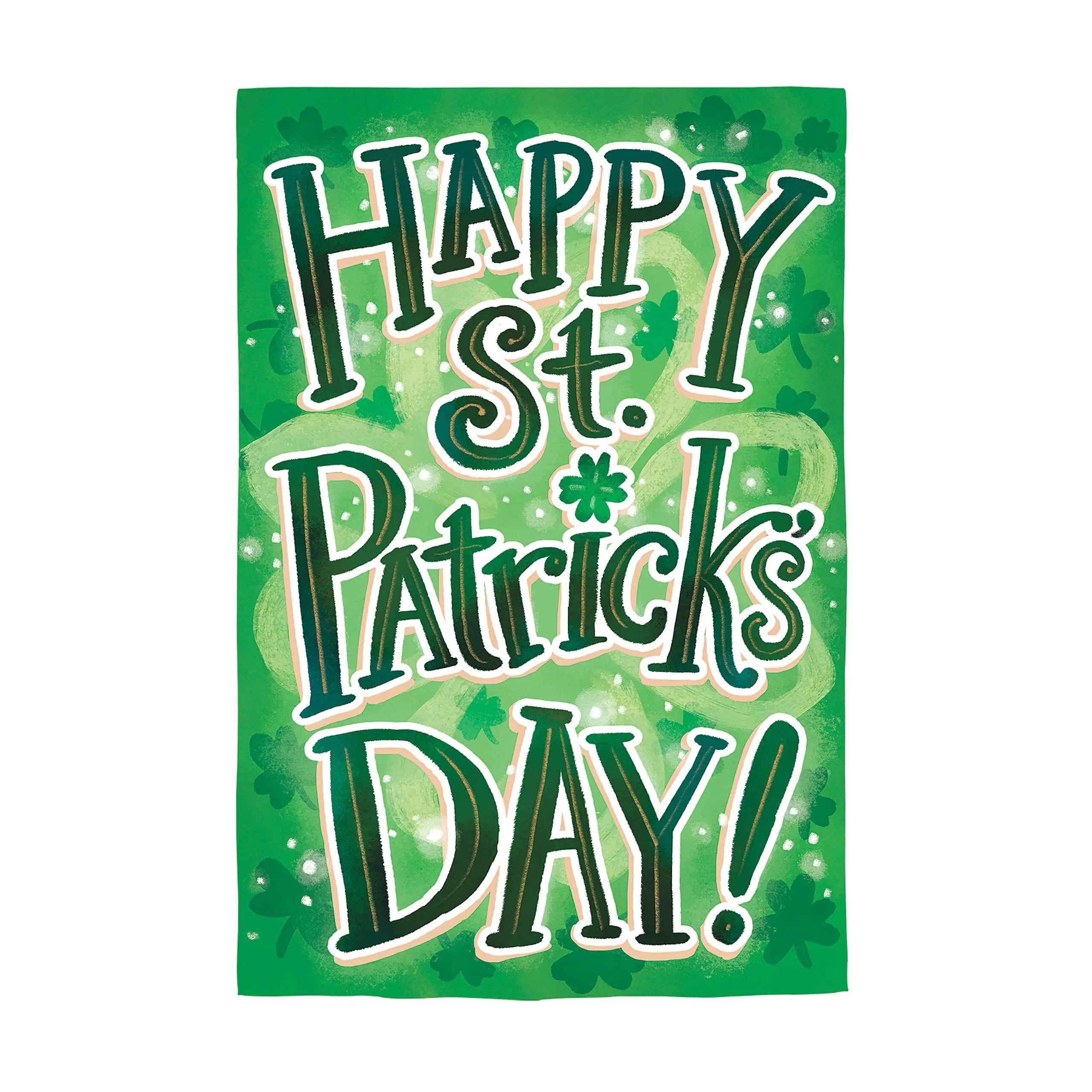 A vibrant green happy st patricks day applique house flag made of durable fabric for festive outdoor decor