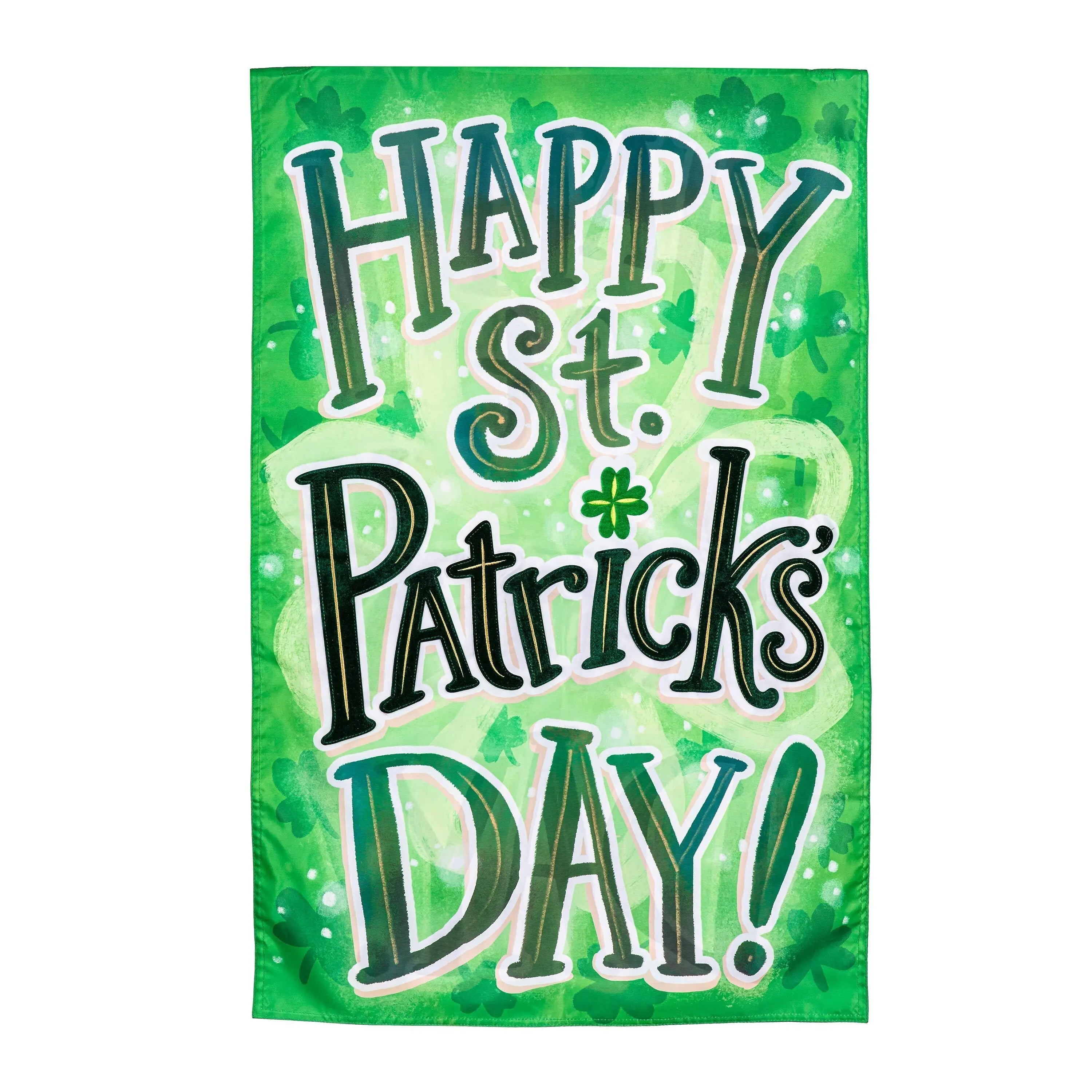 A vibrant green st patricks day applique house flag perfect for festive outdoor decoration