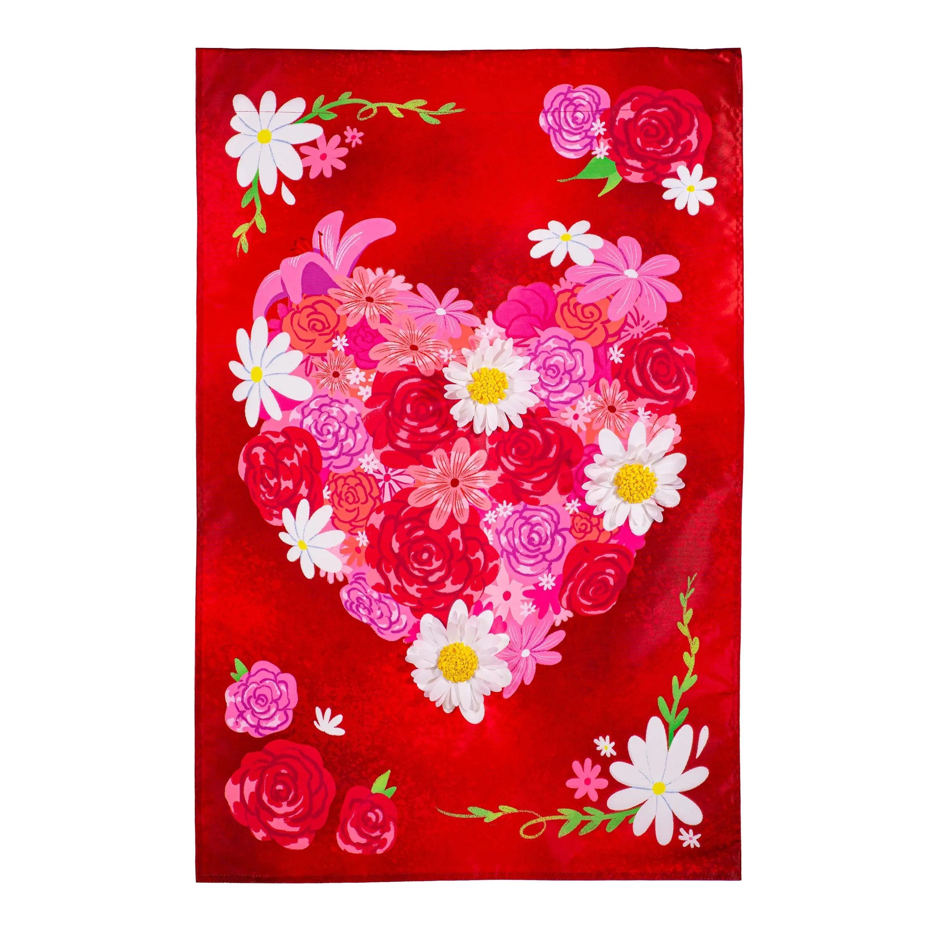 A vibrant red heart a flutter floral applique house flag with a heart-shaped rose and daisy arrangement
