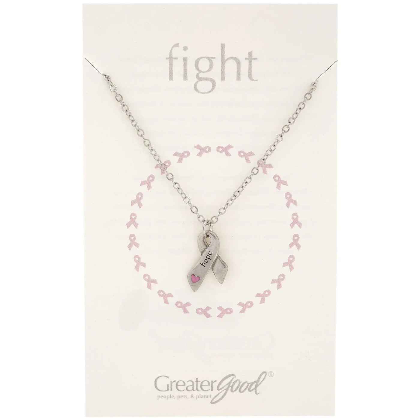 Silver heart and hope ribbon pewter necklace with pink charm engraved hope displayed on branded packaging