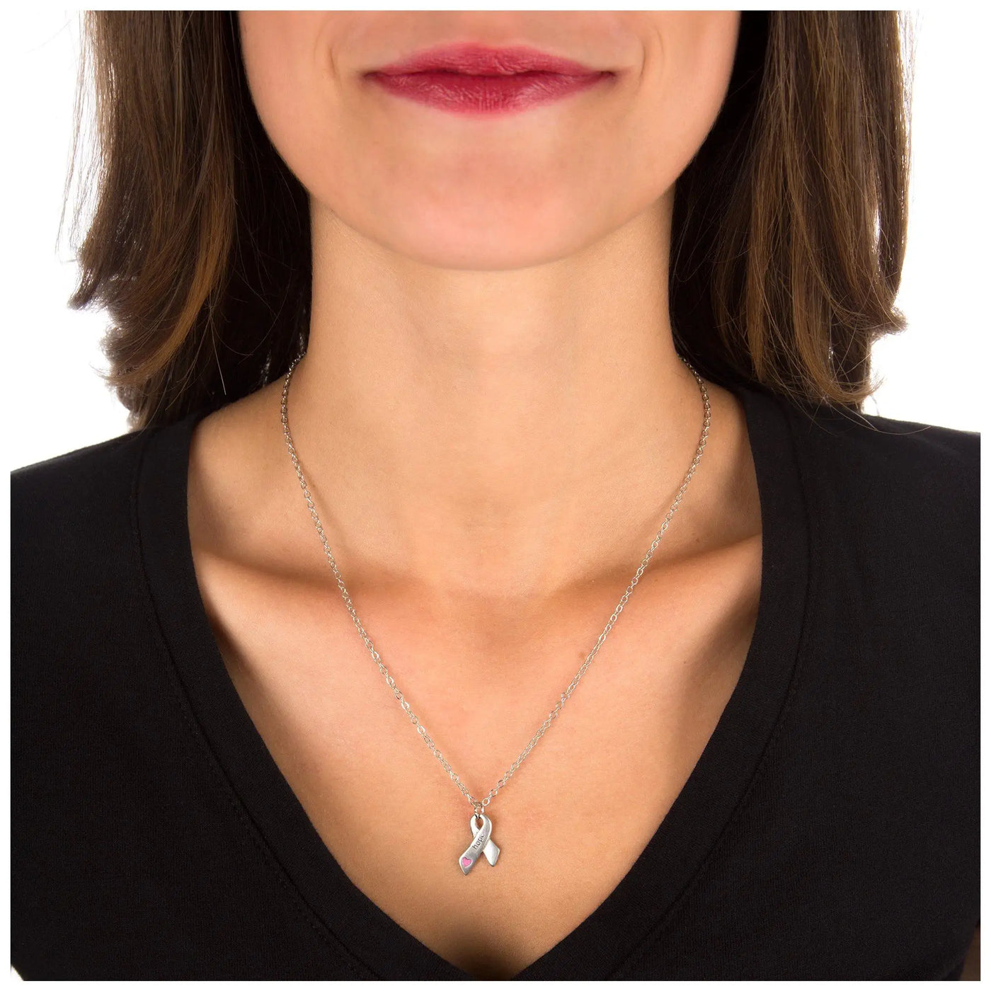 Silver heart and hope ribbon pewter necklace with a delicate chain and small shiny pink ribbon pendant
