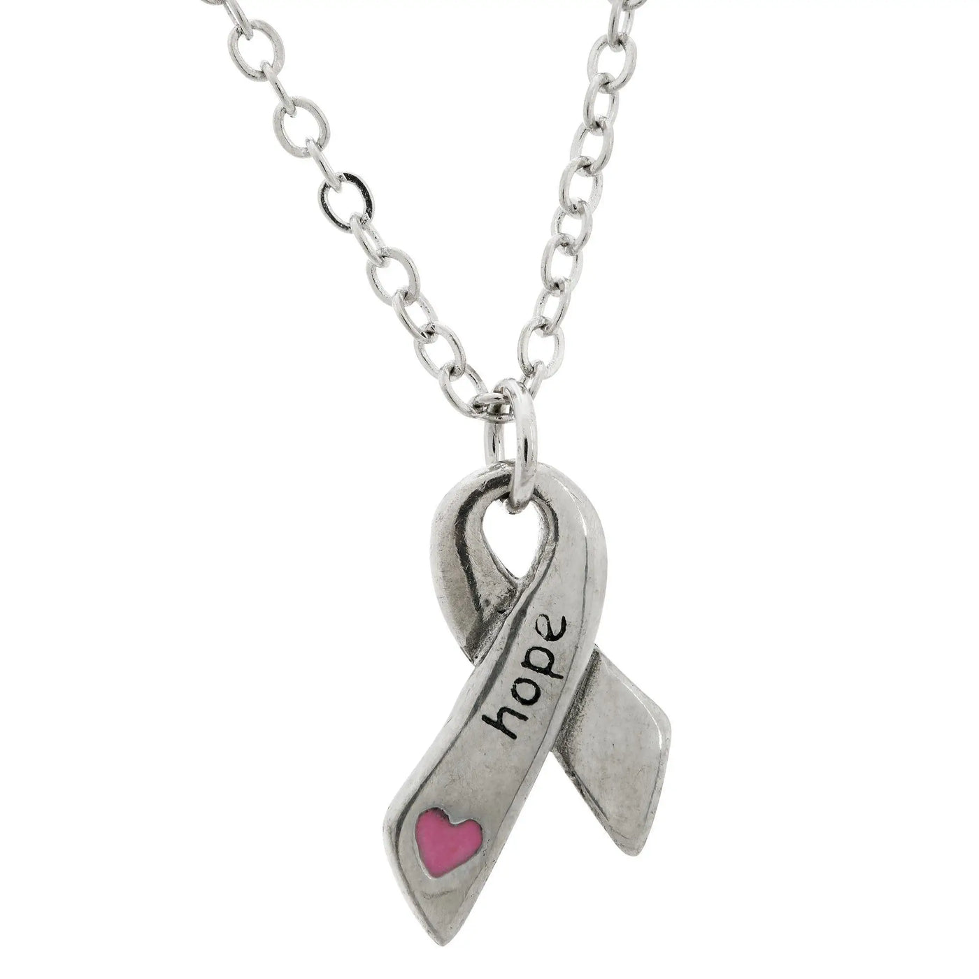 Silver pewter ribbon pendant necklace with engraved hope and pink heart inset heart and hope ribbon pewter necklace