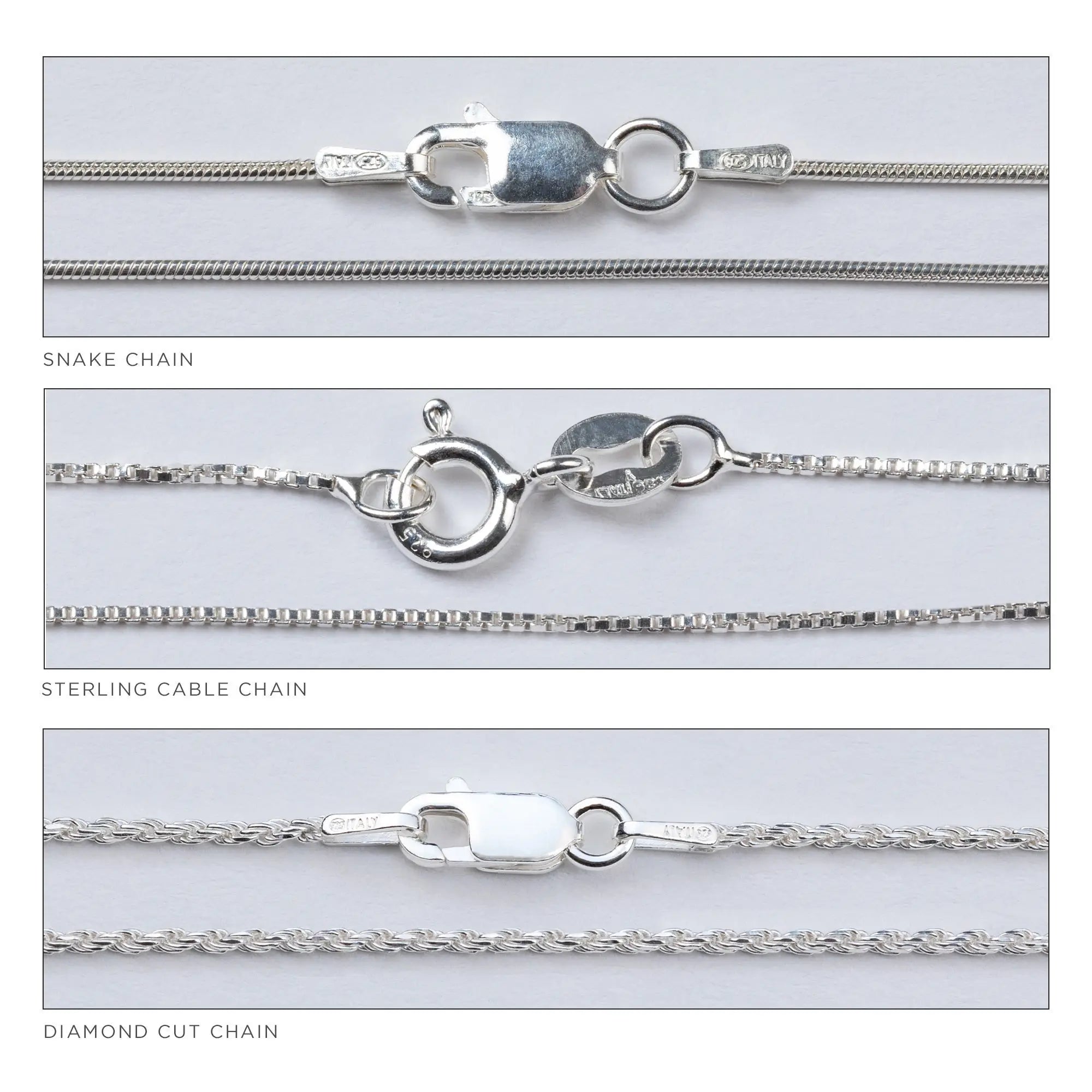 Silver snake chain sterling cable chain and diamond cut chain necklaces with polished metal links heart and paw sterling necklace