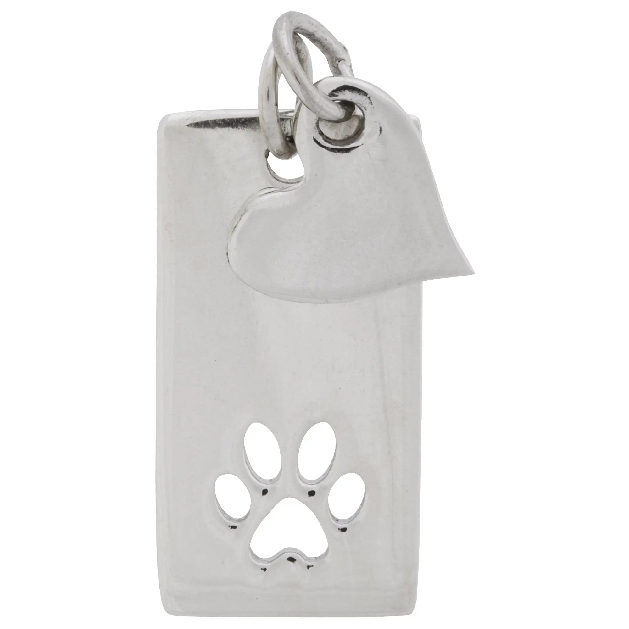 Silver sterling necklace pendant with heart-shaped charm and paw print cutout from heart and paw collection