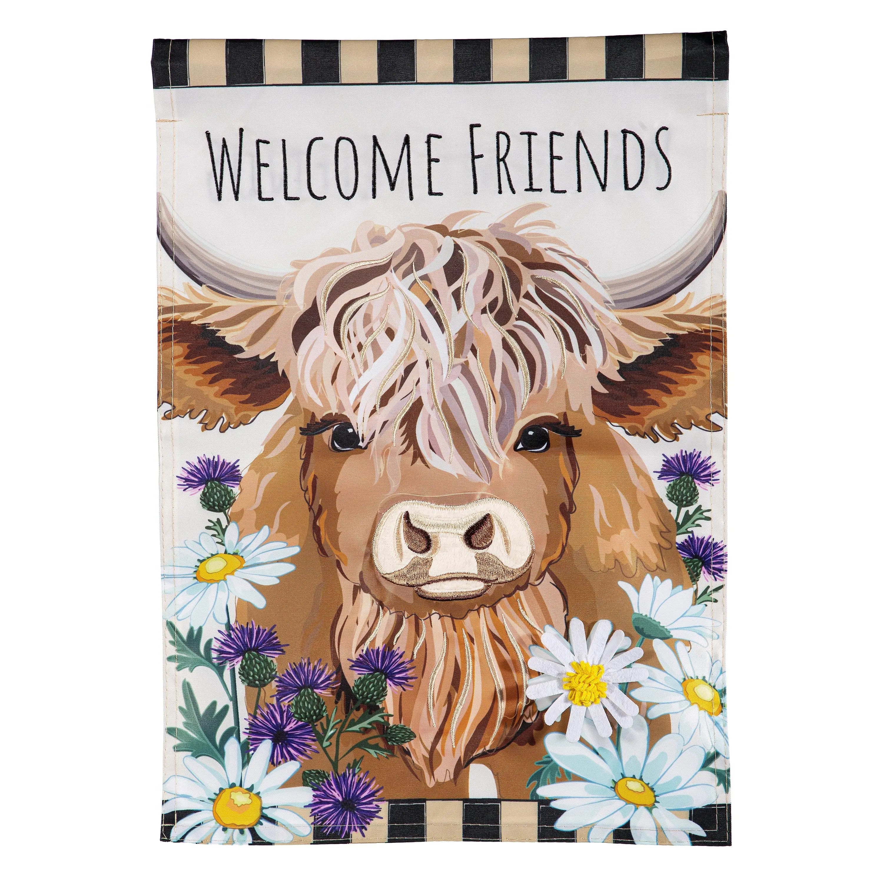 Hillside Pasture Highland Cow Welcome Friends Applique Garden Flag