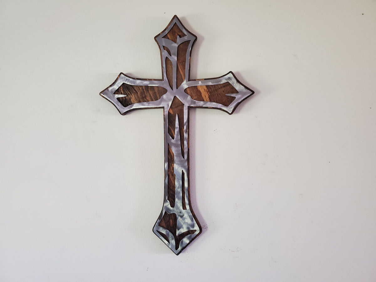 Distressed Cross metal art on wood   | Made in USA