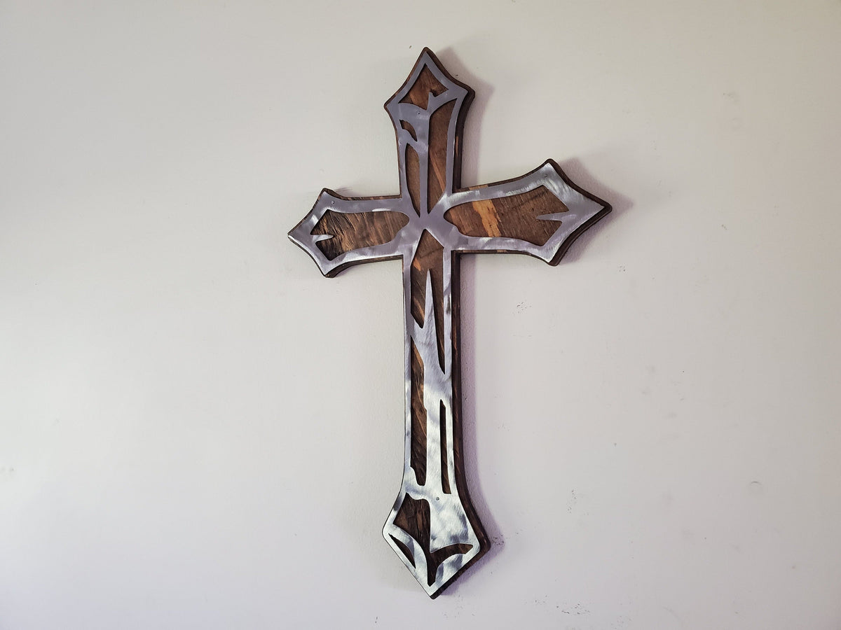 Distressed Cross metal art on wood   | Made in USA