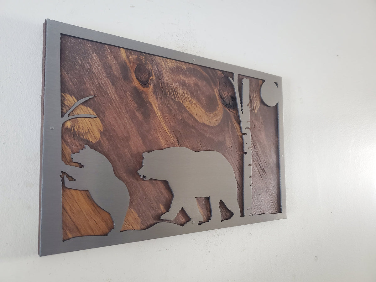 Bear and Cub Metal Art on Wood
