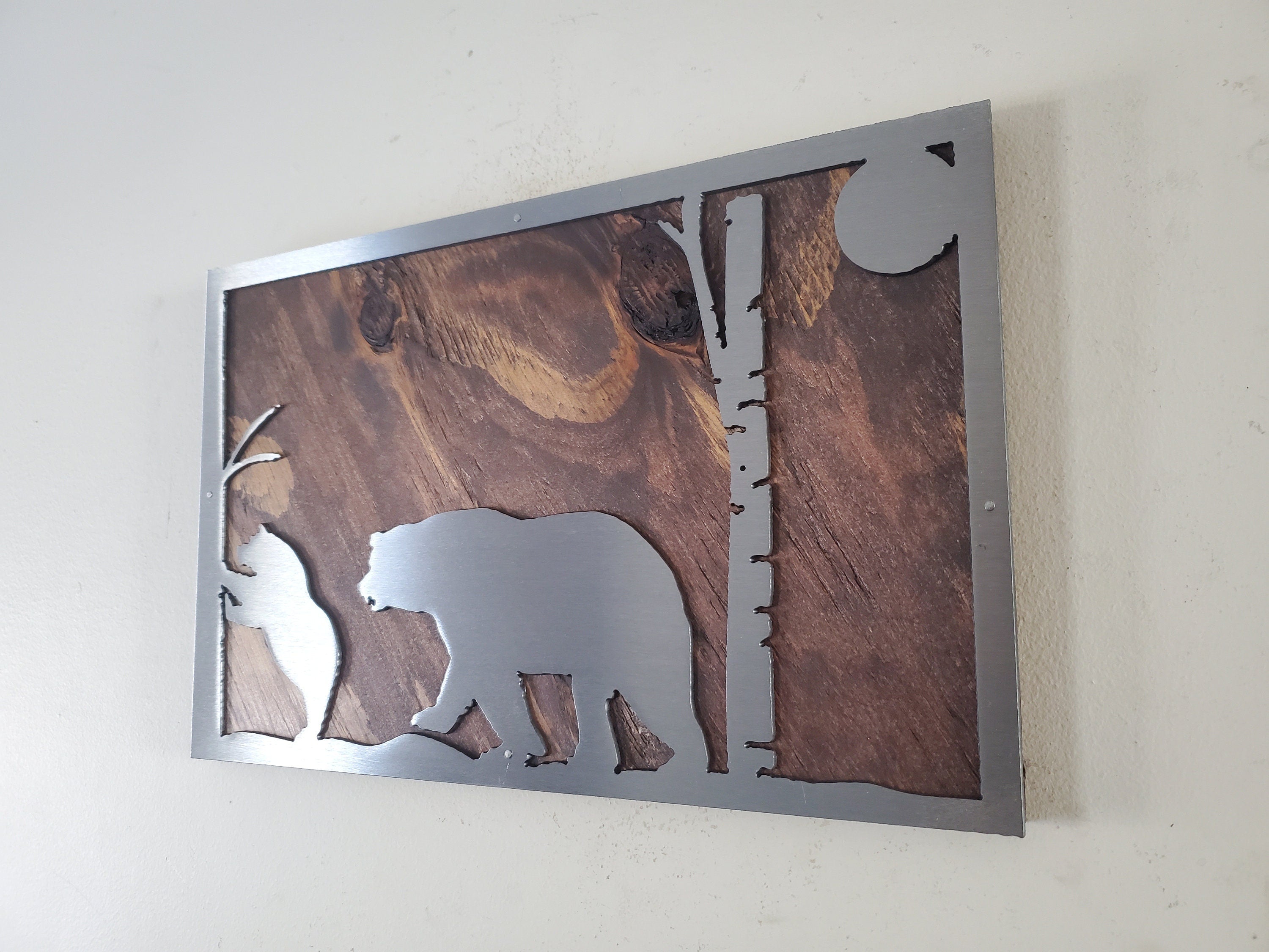 Bear and Cub Metal Art on Wood