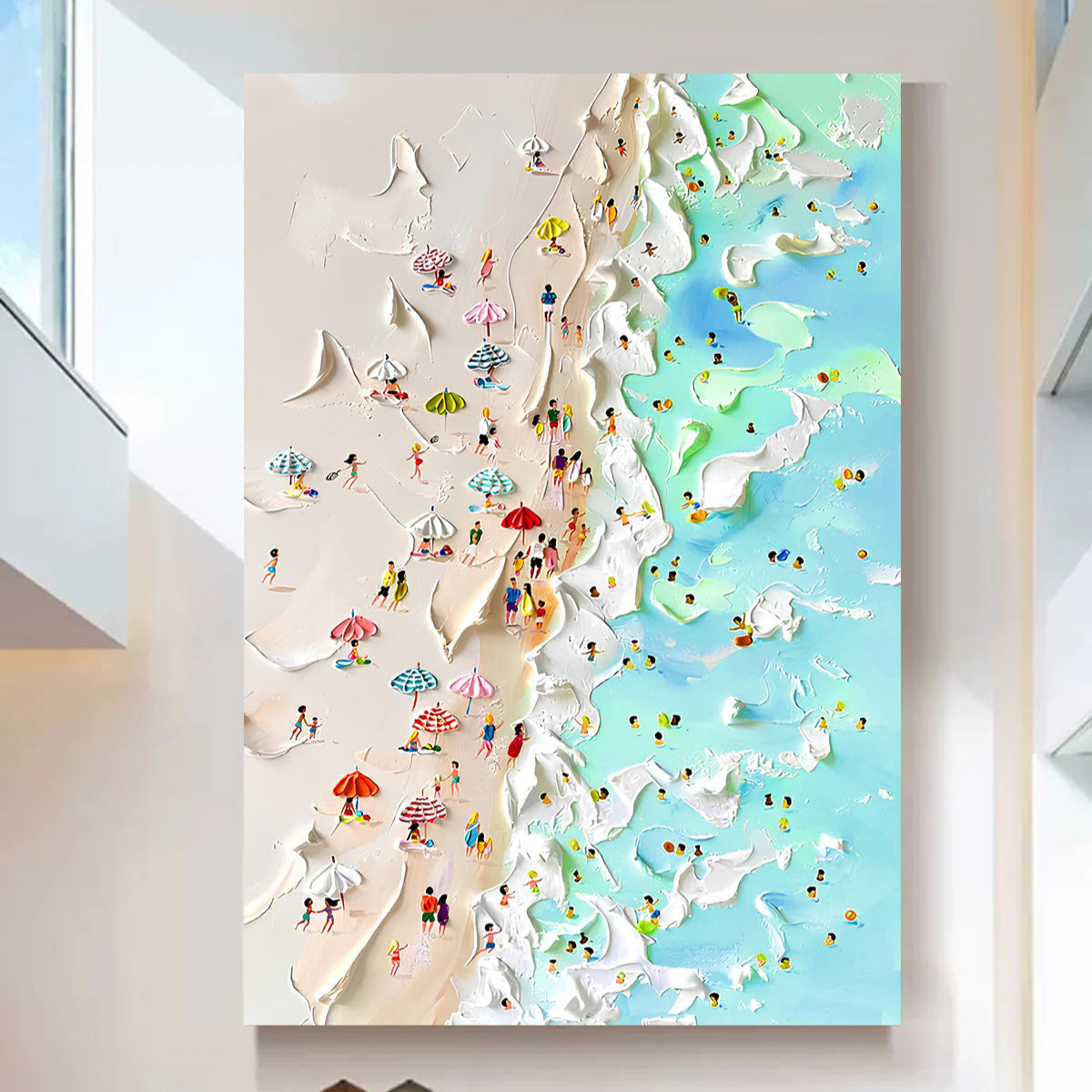 Coastal beachfront canvas wall art by Tailored Canvases featuring a serene seaside scene with sandy beach and blue ocean.