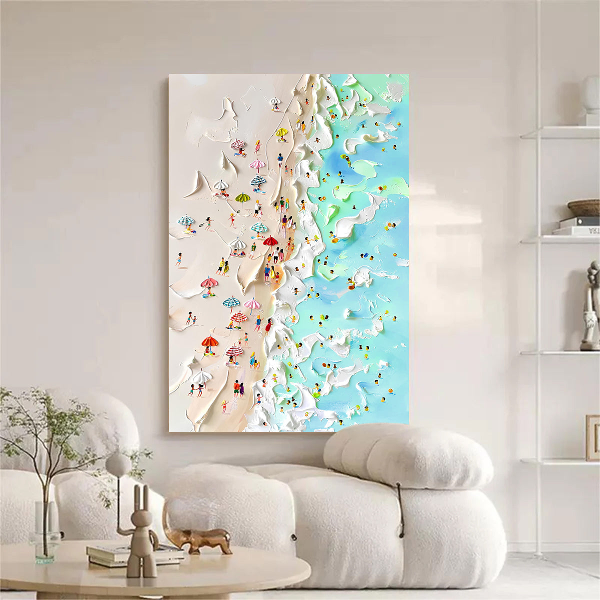 Beachfront coastal canvas wall art by Tailored Canvases, featuring a serene seaside scene with sand and ocean waves.