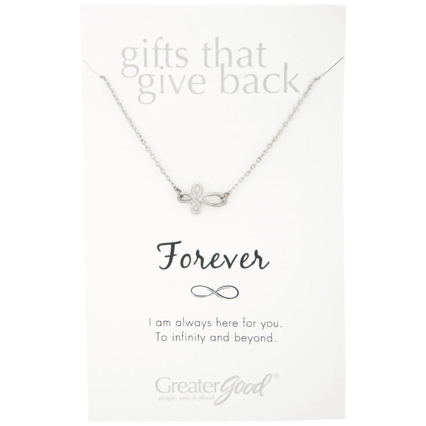 Silver pewter infinity symbol necklace with delicate chain on branded card for infinite strength of love gift