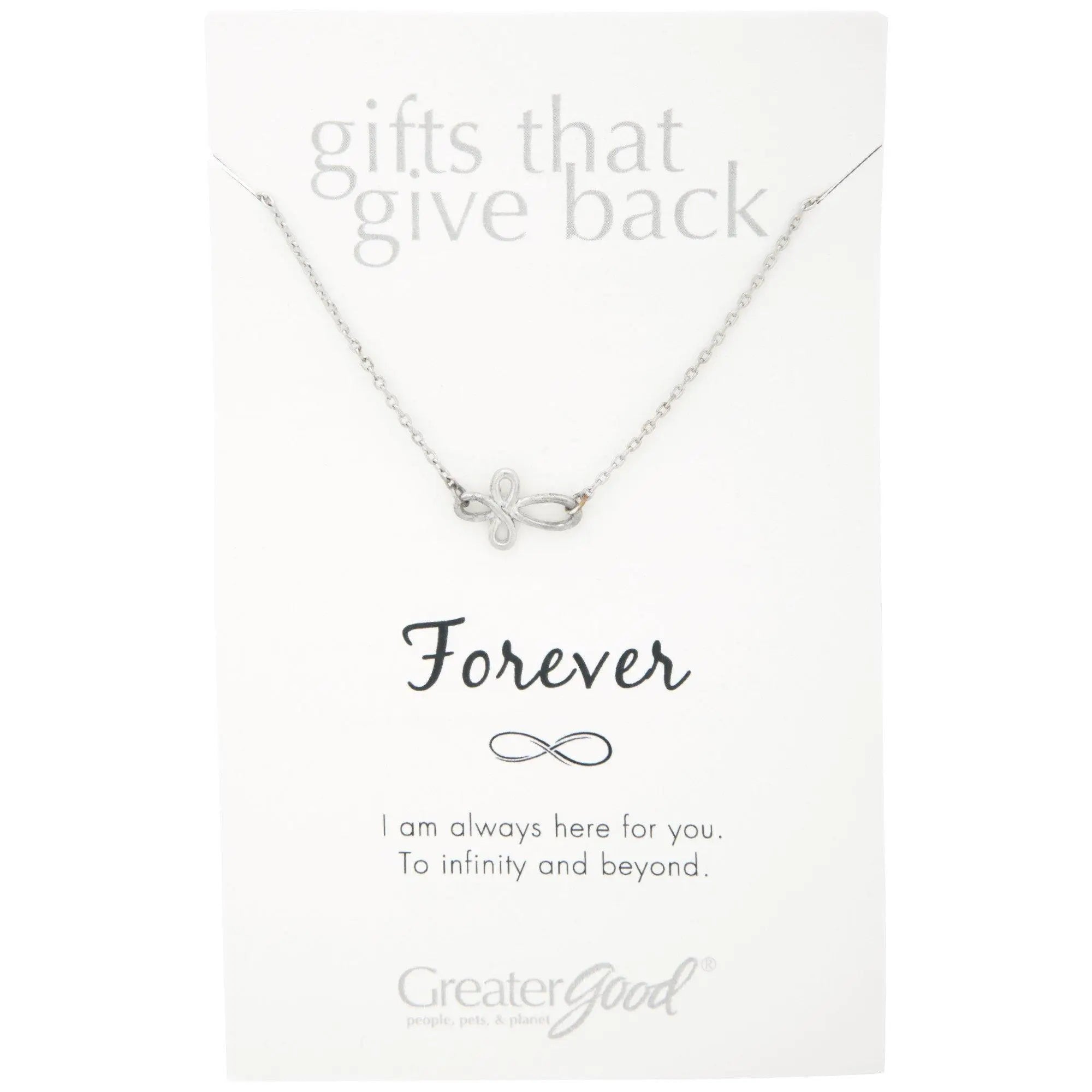Silver pewter infinity symbol necklace with delicate chain on branded card for infinite strength of love gift