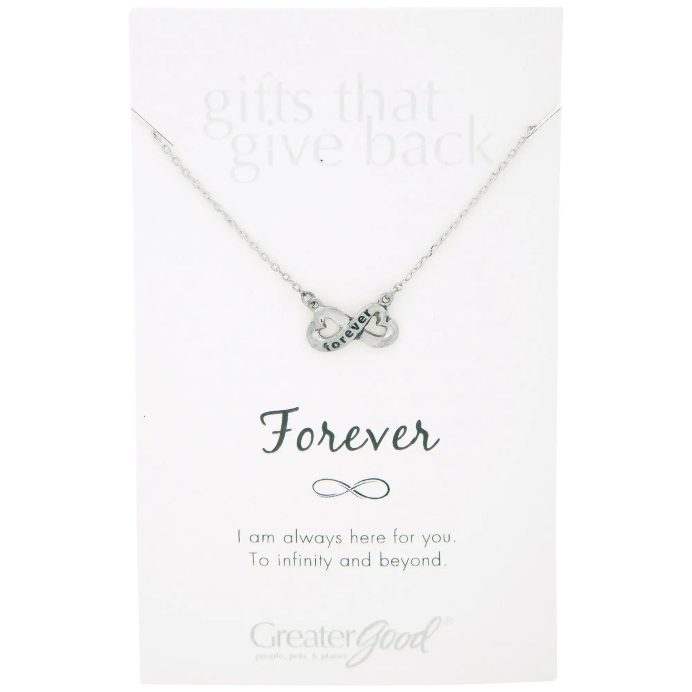 Silver pewter infinity necklace with forever engraved pendant displayed on branded card from infinite strength of love collection