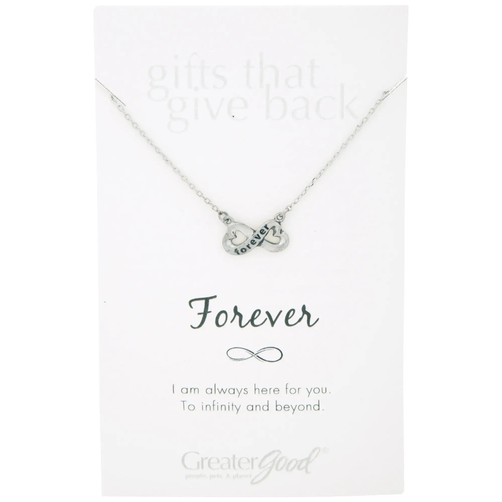 Silver pewter infinity necklace with forever engraved pendant displayed on branded card from infinite strength of love collection