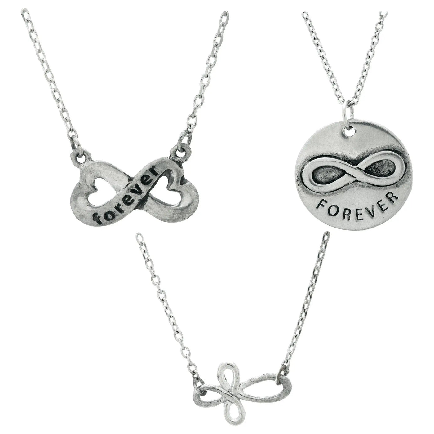 Silver infinity-themed pewter necklace with heart and circle designs engraved forever on delicate chain links