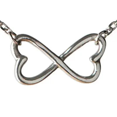 Silver infinity symbol necklace with heart-shaped loops crafted from polished pewter metal symbolizing strength of love