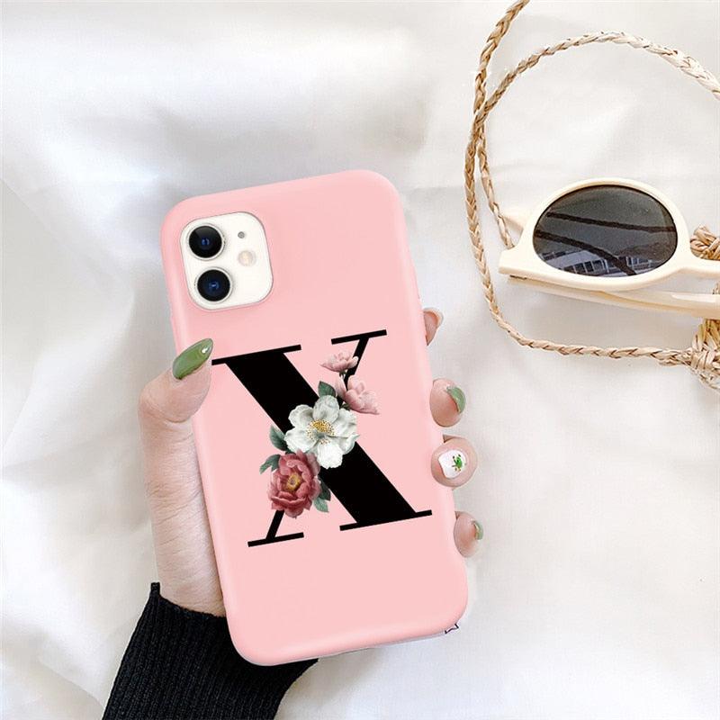 Initial Letter Silicon Phone Case For Iphone  12 Pro Max Retro Pink Flower Soft Back Cover Compatible With Iphone Case Soft Touch Cute Pink Silicone Back Cover For Iphone