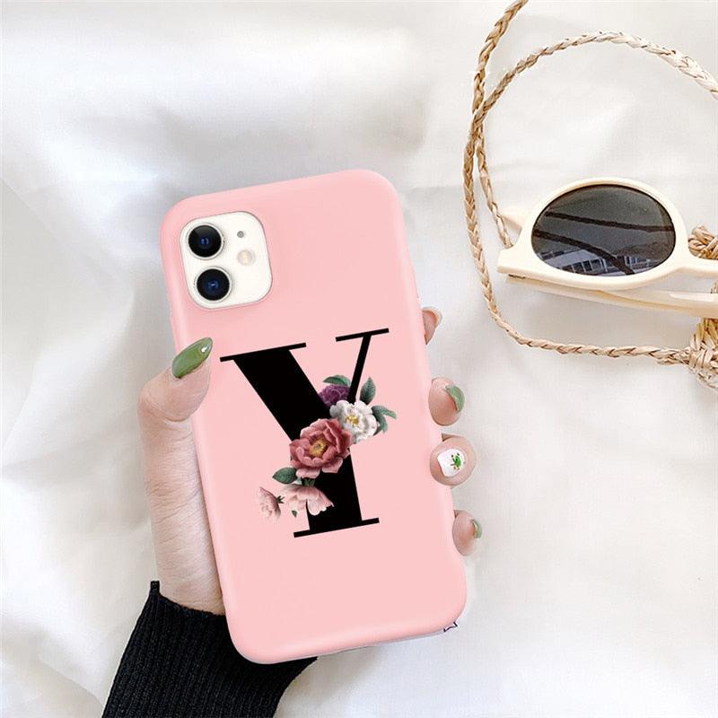 Initial Letter Silicon Phone Case For Iphone  12 Pro Max Retro Pink Flower Soft Back Cover Compatible With Iphone Case Soft Touch Cute Pink Silicone Back Cover For Iphone