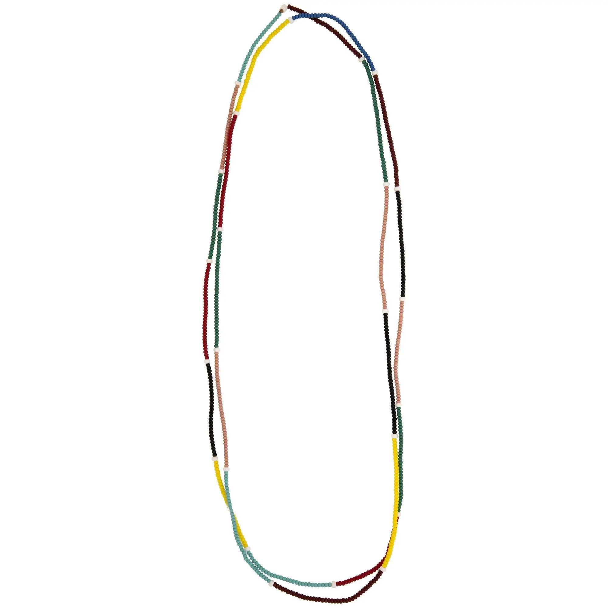 Kenyan horizon stretch strand long multi-strand beaded necklace with vibrant red yellow green blue brown black and beige colors