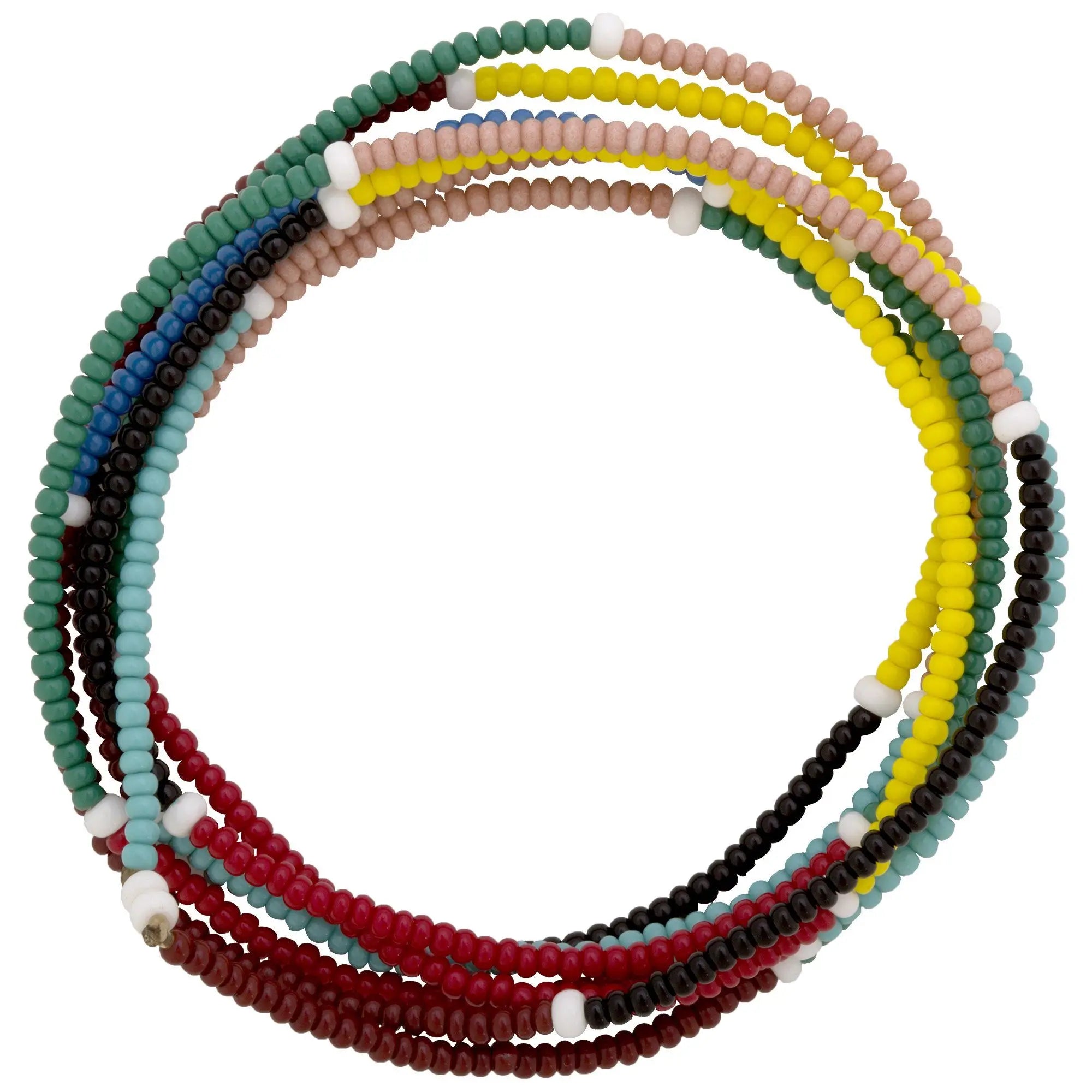 Kenyan horizon stretch strand vibrant multi-strand bracelet with colorful cylindrical beads and white spacers