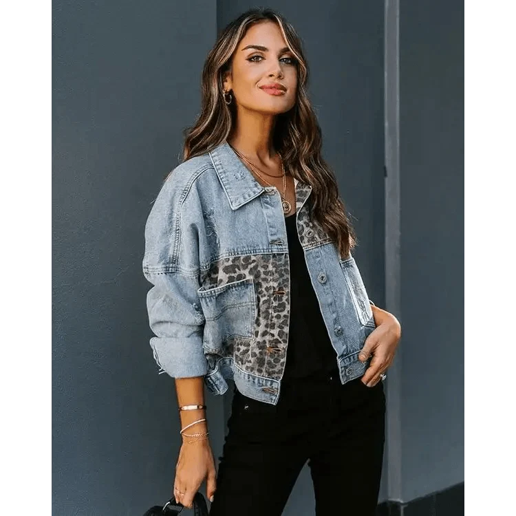 Lavish Style Winter Long-sleeved Jacket Denim Trendy Leopard Print Stitching Lapel Short Jacket For Women And Girls