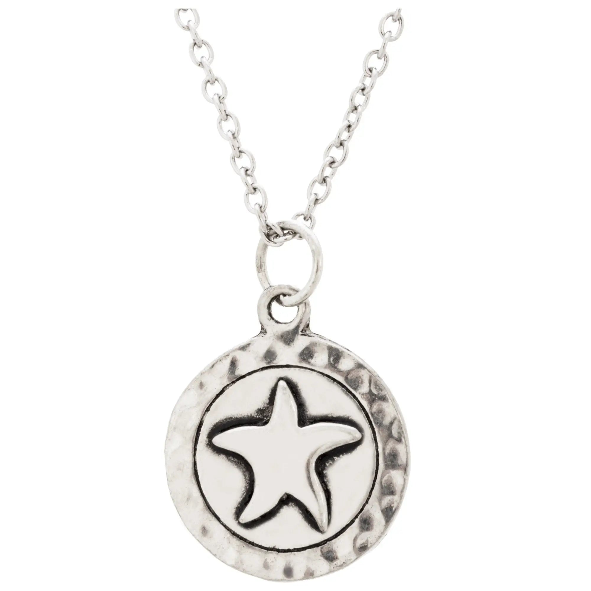 Silver star pendant necklace with hammered circular charm and oxidized finish from life at sea sterling collection