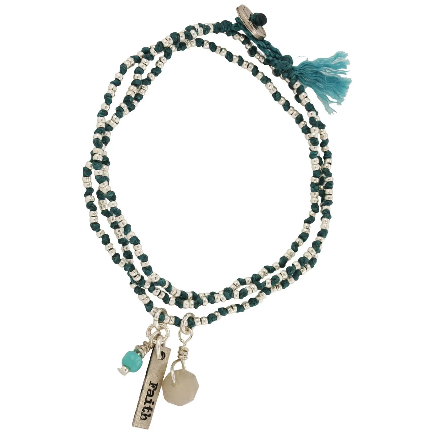 Life’s gifts woven bracelet featuring dark green and silver beads with turquoise tassel and faith tag charms