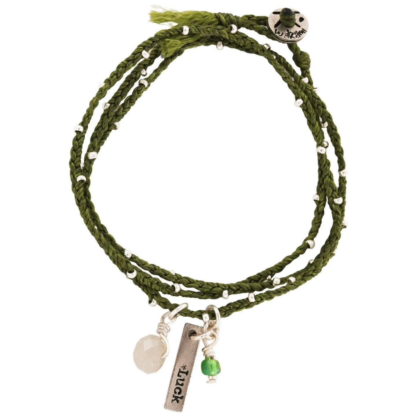 Olive green braided cord bracelet with silver-toned beads lucky charm tag and gemstone accents from lifes gifts collection