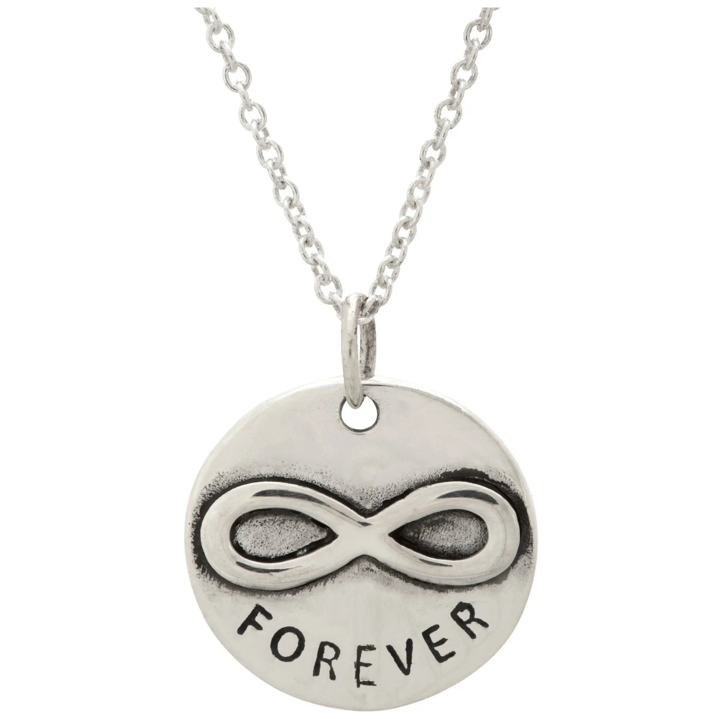 Silver infinity symbol pendant necklace with forever engraving hanging from delicate linked sterling chain