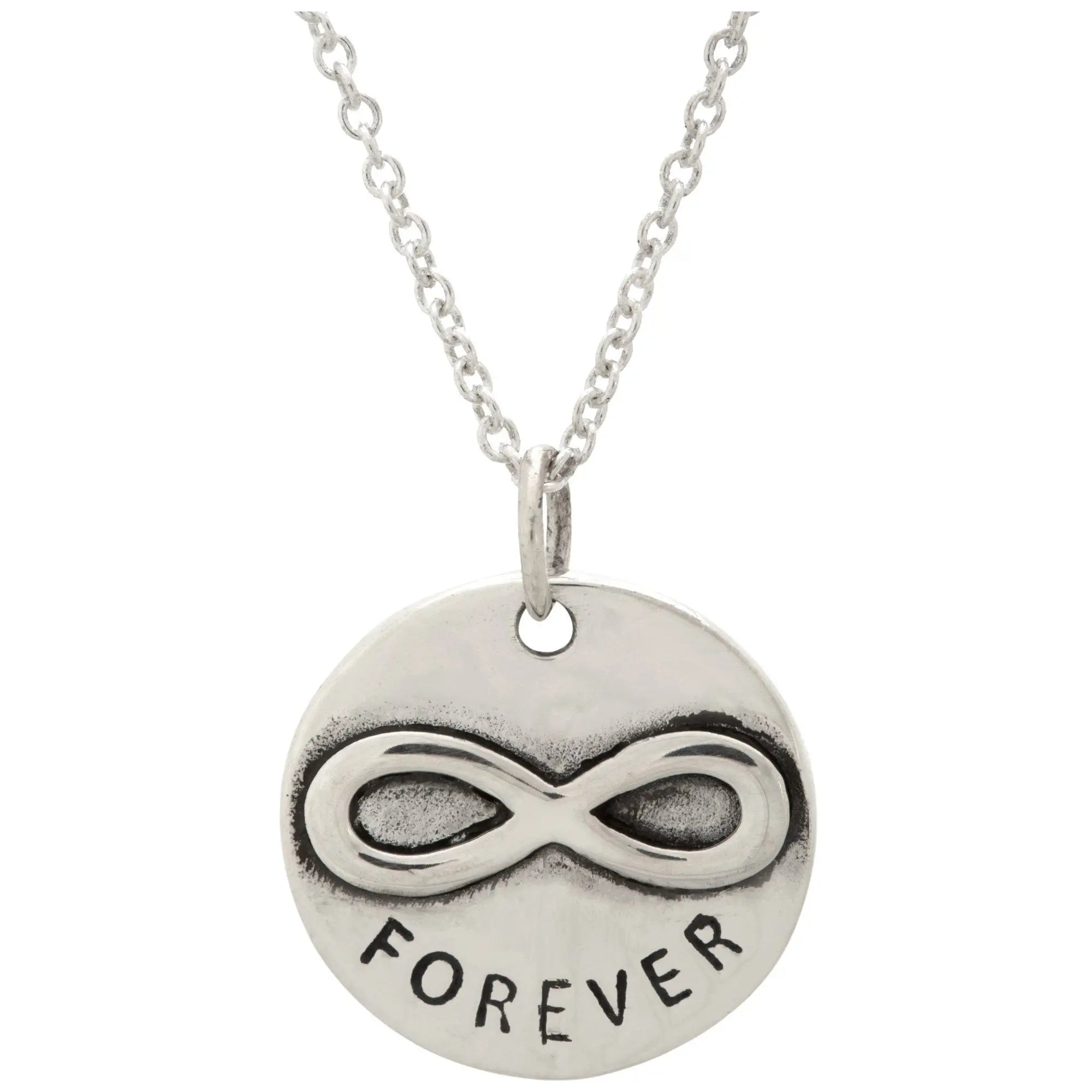 Silver infinity symbol pendant necklace with forever engraving hanging from delicate linked sterling chain