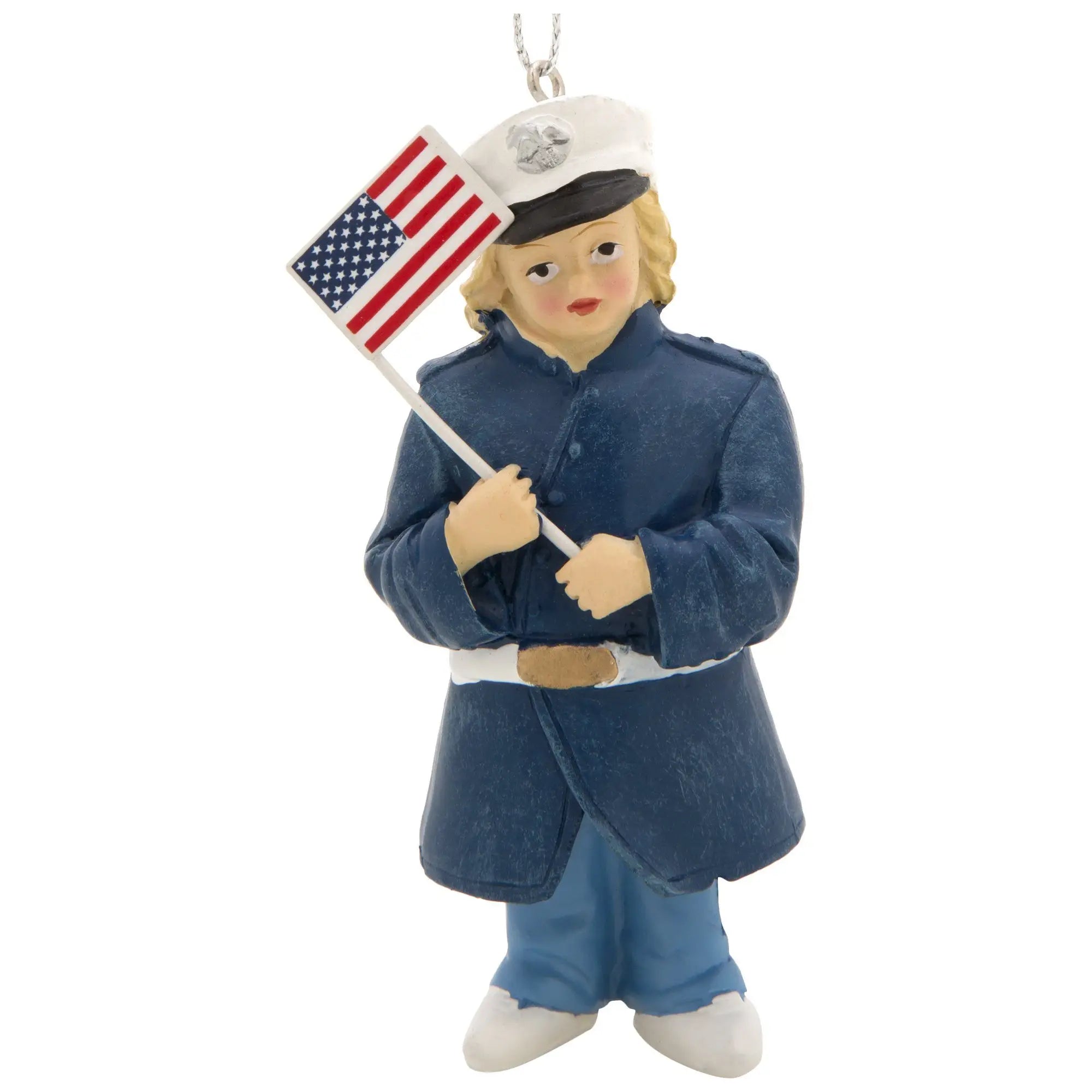 Blue resin figurine of a female u.s. soldier from little heroes military branch ornament collection