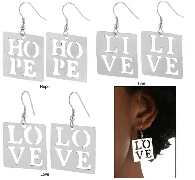 Silver square live hope love earrings with cut-out lettering showcasing inspirational words in elegant design
