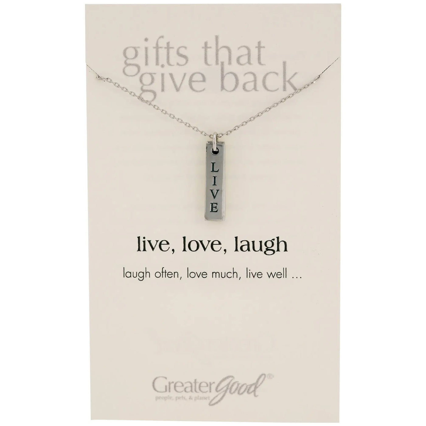 Silver pewter rectangular pendant necklace with live engraved vertically on a sleek metallic bar for daily wear