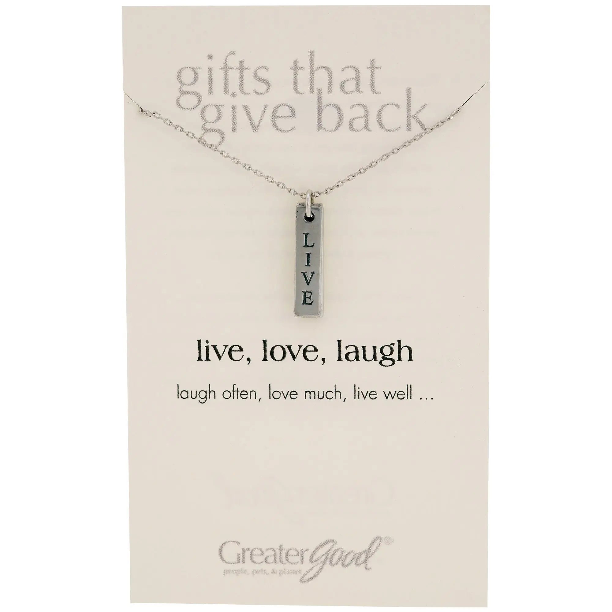 Silver pewter rectangular pendant necklace with live engraved vertically on a sleek metallic bar for daily wear