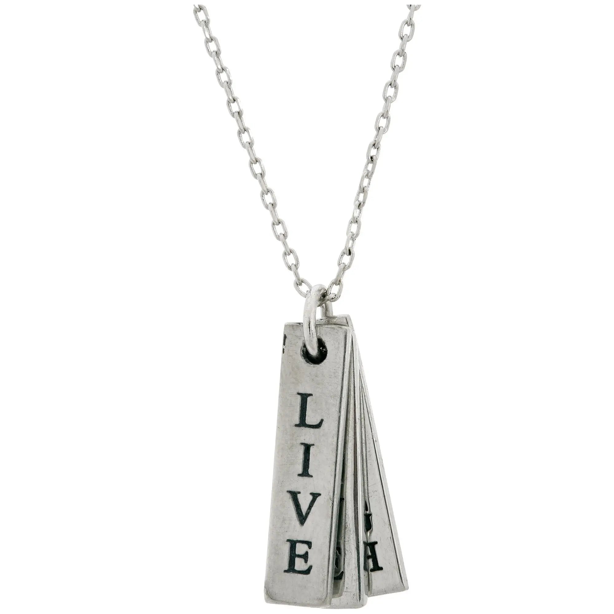 Silver-toned pewter necklace featuring three stacked rectangular tags engraved with the word live in bold uppercase letters