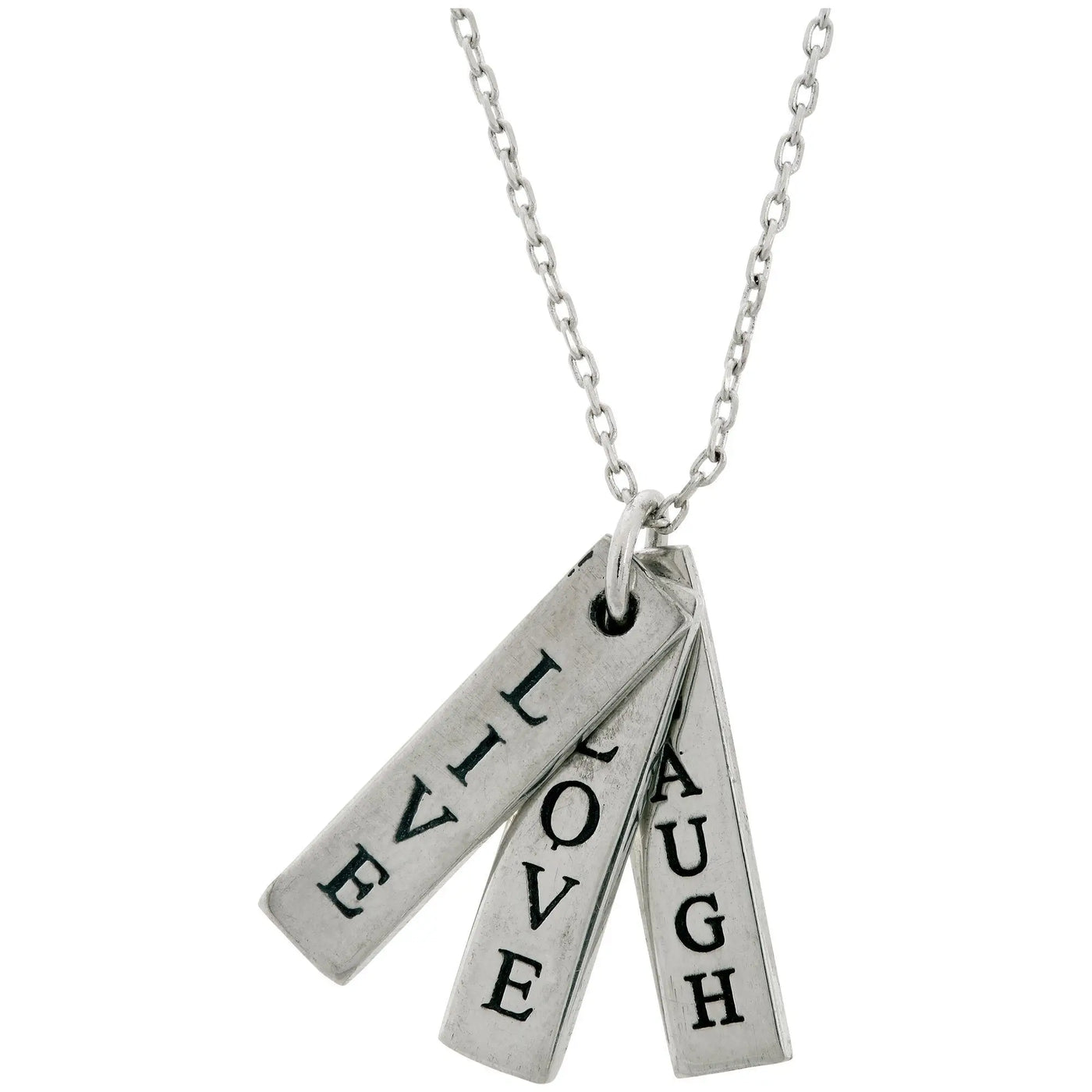 Silver-toned live love laugh pewter necklace with three engraved rectangular metal tags in black lettering