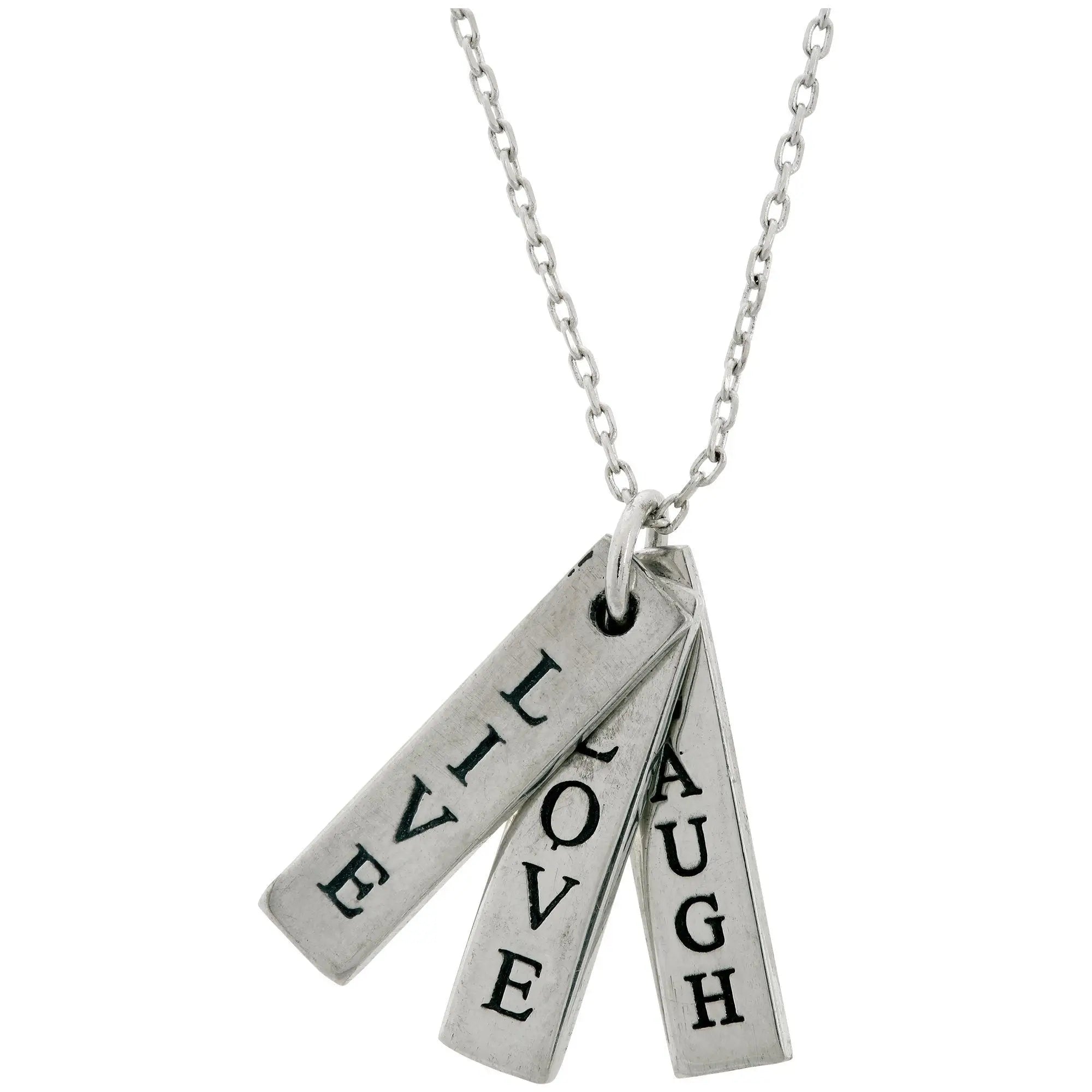 Silver-toned live love laugh pewter necklace with three engraved rectangular metal tags in black lettering