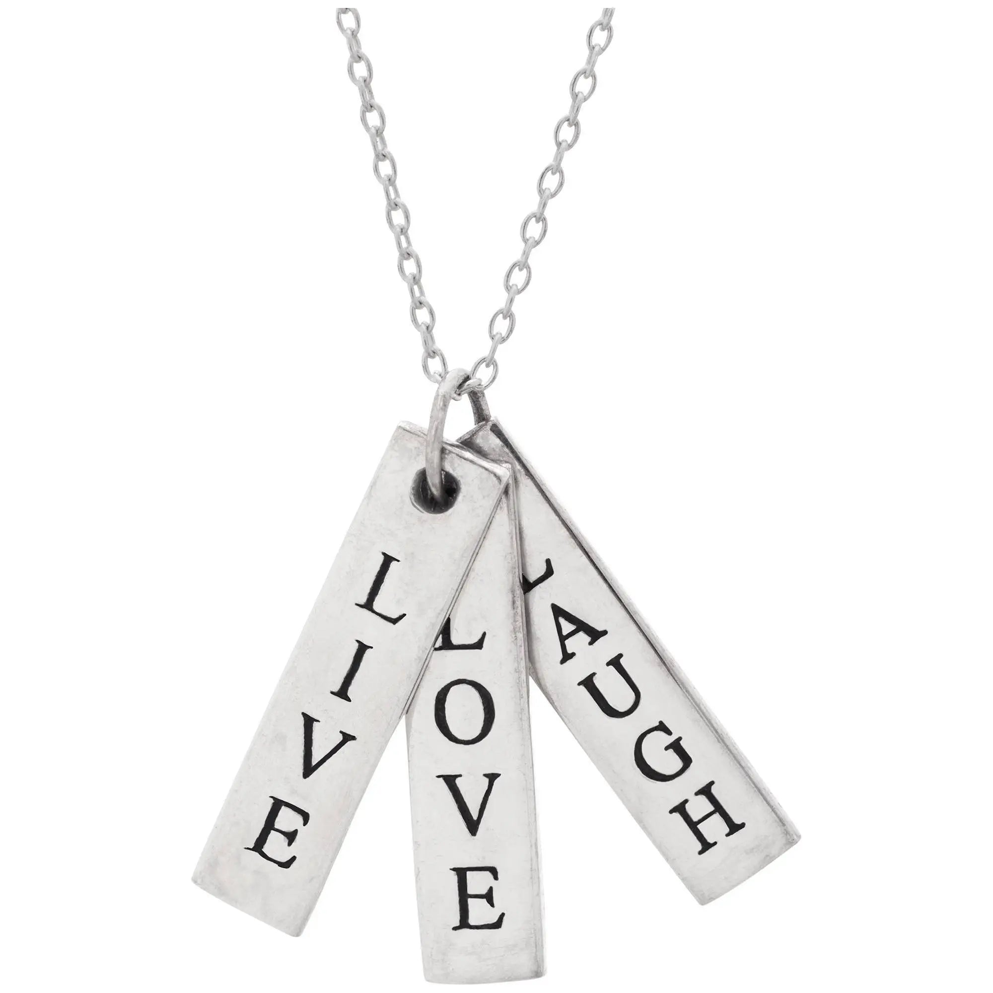 Silver-toned live love laugh sterling necklace with three vertical rectangular engraved tags in black lettering