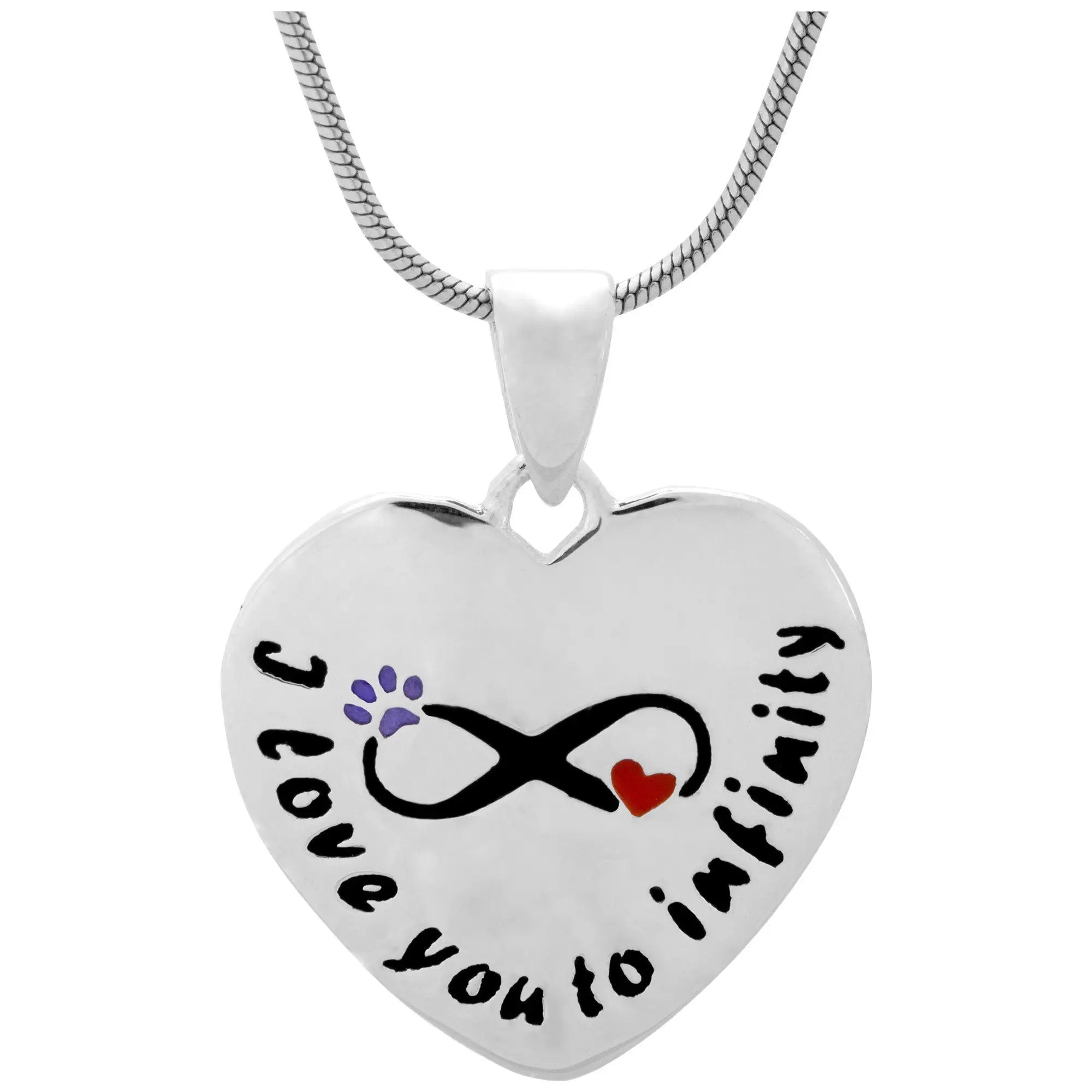 Silver heart-shaped sterling paw necklace with engraved i love you to infinity text and black infinity symbol with red heart and purple paw print