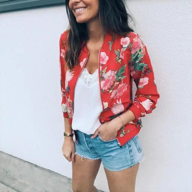 Luxurious Women Floral Jackets Spring Summer Long Sleeve Zipper Print Bomber Jacket Casual Pocket Slim Female Fashion Outwears Plus Size