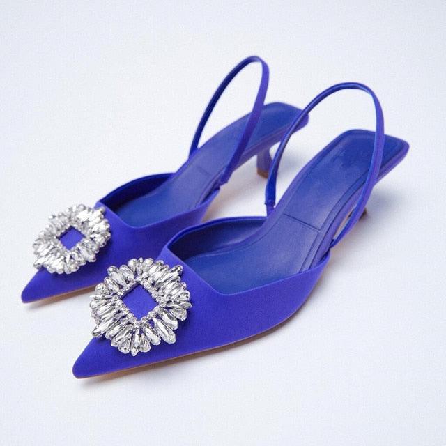 Luxury Black Straps Black Shoes For Women Shallow Summer Heels Beige Elastic Band Low Pointed Closed Flat Rhinestone Slip-on Shoes Flats Outdoor Walking Slippers