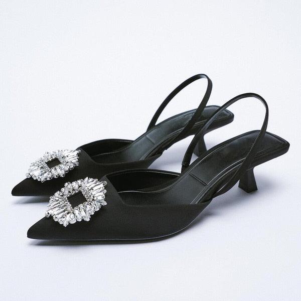 Luxury Black Straps Black Shoes For Women Shallow Summer Heels Beige Elastic Band Low Pointed Closed Flat Rhinestone Slip-on Shoes Flats Outdoor Walking Slippers