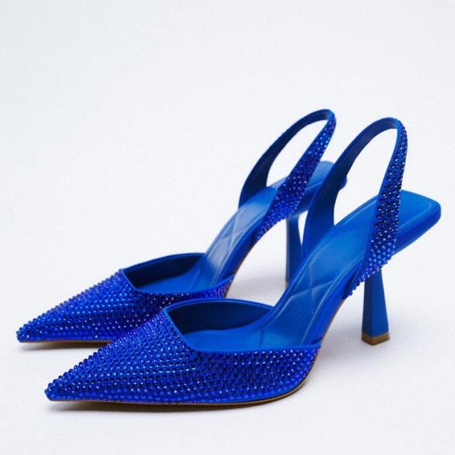 Luxury Black Straps Black Shoes For Women Shallow Summer Heels Beige Elastic Band Low Pointed Closed Flat Rhinestone Slip-on Shoes Flats Outdoor Walking Slippers